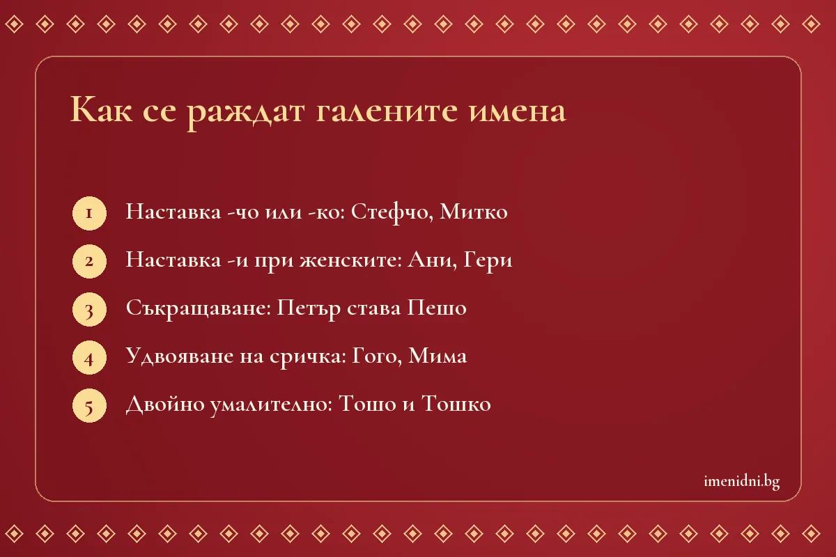 Карта с петте най-чести начина за образуване на галени имена