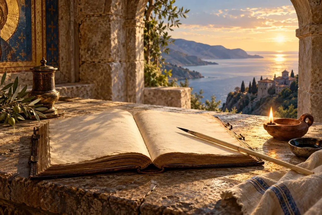 Отворена книга, перо и маслена лампа до прозорец с изглед към морето — художествена илюстрация.